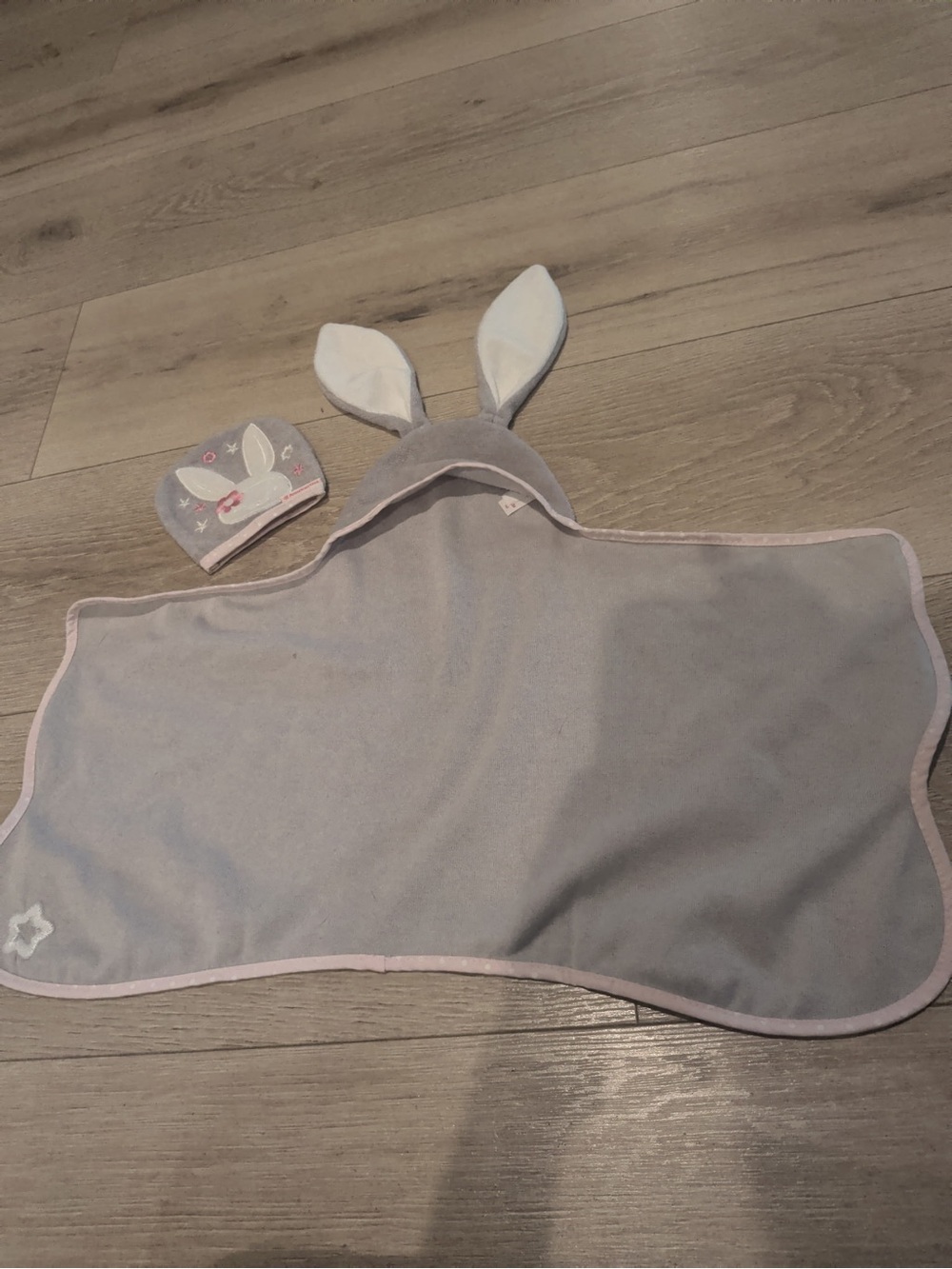 Kids Bunny Hooded Towel and Matching Hat - Gray and Pink